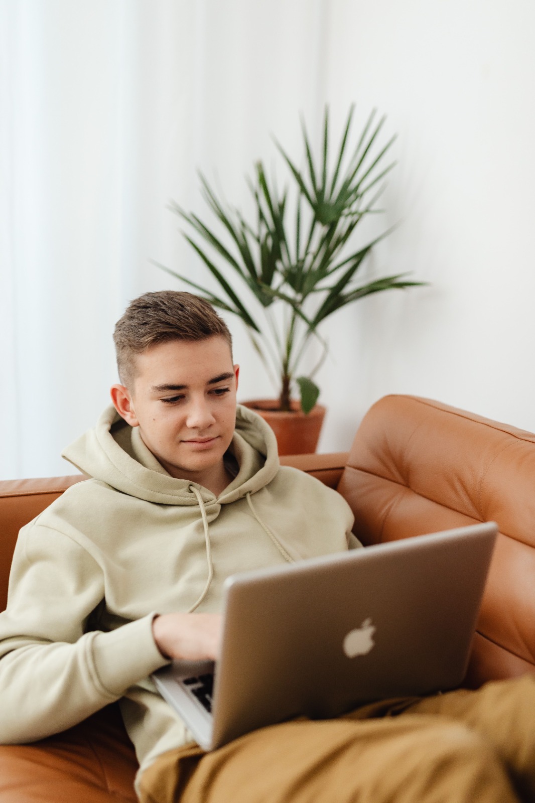 Adolescente sentado no sofá de casa usando o notebook